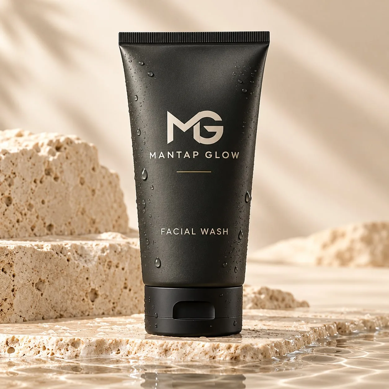 Mockup AI Mantapglow Facial Wash di atas batu travertine