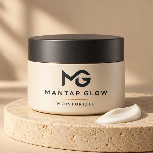 Mockup AI Mantapglow Moisturizer di atas alas batu
