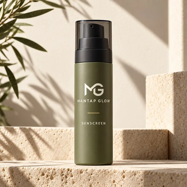 Mockup AI Mantapglow Sunscreen di atas anak tangga batu